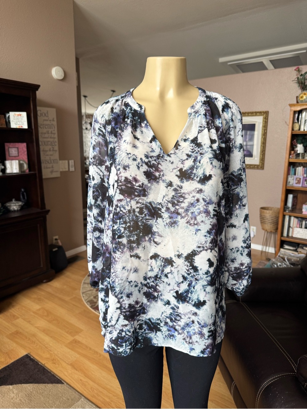 Simply Vera Vera Wang Tie-Dye V-Neck Long Sleeve Blouse — Blue/Black/White-XL